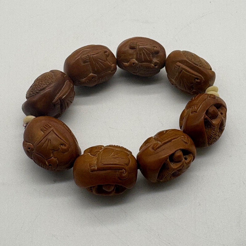 Chinese Olive Pit Carved Hediao Bracelet Hand Carved Fruit Stone Beads Brown‎